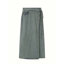 Women'S Elegant Denim Wrap Skirt - High Waist Lace-Up Slit Midi Skirt, Cotton Blend, Geometric Pattern, Woven Fabric, Non-Stretch for Spring/Summer/Fall Women'S Elegant Denim Wrap Skirt - High Waist Lace-Up Slit Midi Skirt, Cotton Blend, Geometric Pattern, Woven Fabric, Non-Stretch for Spring/Summer/Fall