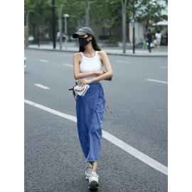 Women'S Elegant Denim Wrap Skirt - High Waist Lace-Up Slit Midi Skirt, Cotton Blend, Geometric Pattern, Woven Fabric, Non-Stretch for Spring/Summer/Fall Women'S Elegant Denim Wrap Skirt - High Waist Lace-Up Slit Midi Skirt, Cotton Blend, Geometric Pattern, Woven Fabric, Non-Stretch for Spring/Summer/Fall