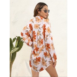 Floral Print Button Up Shirt, Vacation Lapel Neck Long Sleeve Loose Shirt, Women's Clothing Floral Print Button Up Shirt, Vacation Lapel Neck Long Sleeve Loose Shirt, Women's Clothing