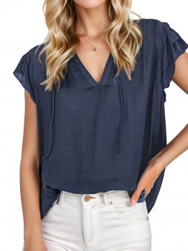 Women's Casual V Neck Tops Drawstring Short Sleeve T Shirt Blouses