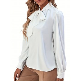 Bow Neck Long Sleeve Blouse, Elegant Cozy Blouse For Spring & Fall, Women's Clothing Bow Neck Long Sleeve Blouse, Elegant Cozy Blouse For Spring & Fall, Women's Clothing