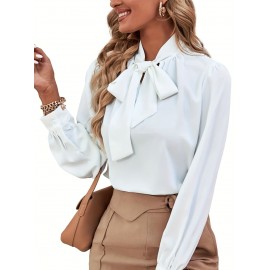Bow Neck Long Sleeve Blouse, Elegant Cozy Blouse For Spring & Fall, Women's Clothing Bow Neck Long Sleeve Blouse, Elegant Cozy Blouse For Spring & Fall, Women's Clothing