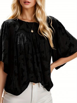 Womens 3/4 Bell Sleeve Blouse Summer Crewneck Lace Tops Floral Shirts