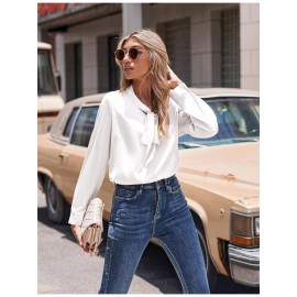 Women's Satin Silk Long Sleeve Blouse with Bow Tie Neck Office Work Wear Elegant Tops Women's Satin Silk Long Sleeve Blouse with Bow Tie Neck Office Work Wear Elegant Tops