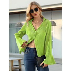 Textured Button Front Collared Blouse, Elegant Bell Sleeve Lettuce Trim Blouse, Women's Clothing Textured Button Front Collared Blouse, Elegant Bell Sleeve Lettuce Trim Blouse, Women's Clothing