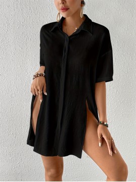 Women's Short Shirt Ice Silk Wrinkled Polo Neck Solid Color Button Elegant Casual Shirt