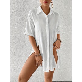 Women's Short Shirt Ice Silk Wrinkled Polo Neck Solid Color Button Elegant Casual Shirt Women's Short Shirt Ice Silk Wrinkled Polo Neck Solid Color Button Elegant Casual Shirt