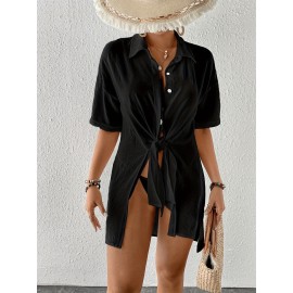 Women's Short Shirt Ice Silk Wrinkled Polo Neck Solid Color Button Elegant Casual Shirt Women's Short Shirt Ice Silk Wrinkled Polo Neck Solid Color Button Elegant Casual Shirt