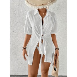 Women's Short Shirt Ice Silk Wrinkled Polo Neck Solid Color Button Elegant Casual Shirt Women's Short Shirt Ice Silk Wrinkled Polo Neck Solid Color Button Elegant Casual Shirt