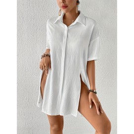 Women's Short Shirt Ice Silk Wrinkled Polo Neck Solid Color Button Elegant Casual Shirt Women's Short Shirt Ice Silk Wrinkled Polo Neck Solid Color Button Elegant Casual Shirt