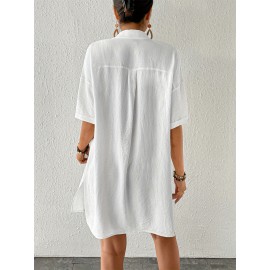 Women's Short Shirt Ice Silk Wrinkled Polo Neck Solid Color Button Elegant Casual Shirt Women's Short Shirt Ice Silk Wrinkled Polo Neck Solid Color Button Elegant Casual Shirt