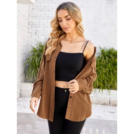 Drop Shoulder Button Front Shirt, Casual Long Sleeve With Pocket Shirt For Spring & Fall, Women's Clothing Drop Shoulder Button Front Shirt, Casual Long Sleeve With Pocket Shirt For Spring & Fall, Women's Clothing