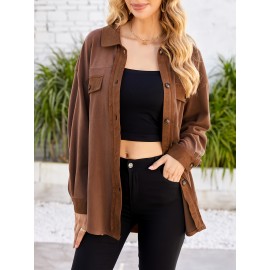 Drop Shoulder Button Front Shirt, Casual Long Sleeve With Pocket Shirt For Spring & Fall, Women's Clothing Drop Shoulder Button Front Shirt, Casual Long Sleeve With Pocket Shirt For Spring & Fall, Women's Clothing