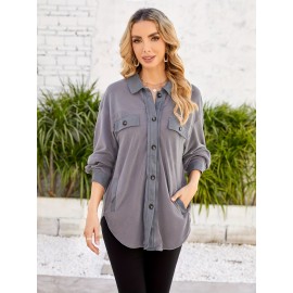 Drop Shoulder Button Front Shirt, Casual Long Sleeve With Pocket Shirt For Spring & Fall, Women's Clothing Drop Shoulder Button Front Shirt, Casual Long Sleeve With Pocket Shirt For Spring & Fall, Women's Clothing