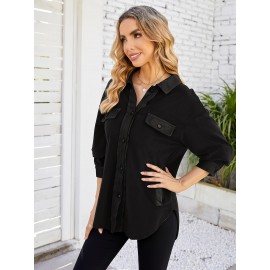 Drop Shoulder Button Front Shirt, Casual Long Sleeve With Pocket Shirt For Spring & Fall, Women's Clothing Drop Shoulder Button Front Shirt, Casual Long Sleeve With Pocket Shirt For Spring & Fall, Women's Clothing