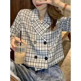 Plaid Print Double Breasted Crop Blouse, Casual Short Sleeve Lapel Blouse For Spring & Summer, Women's Clothing Plaid Print Double Breasted Crop Blouse, Casual Short Sleeve Lapel Blouse For Spring & Summer, Women's Clothing