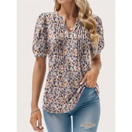 Floral Print Notched Neck Blouse, Casual Pleated Puff Sleeve Blouse For Spring & Summer, Women's Clothing Floral Print Notched Neck Blouse, Casual Pleated Puff Sleeve Blouse For Spring & Summer, Women's Clothing