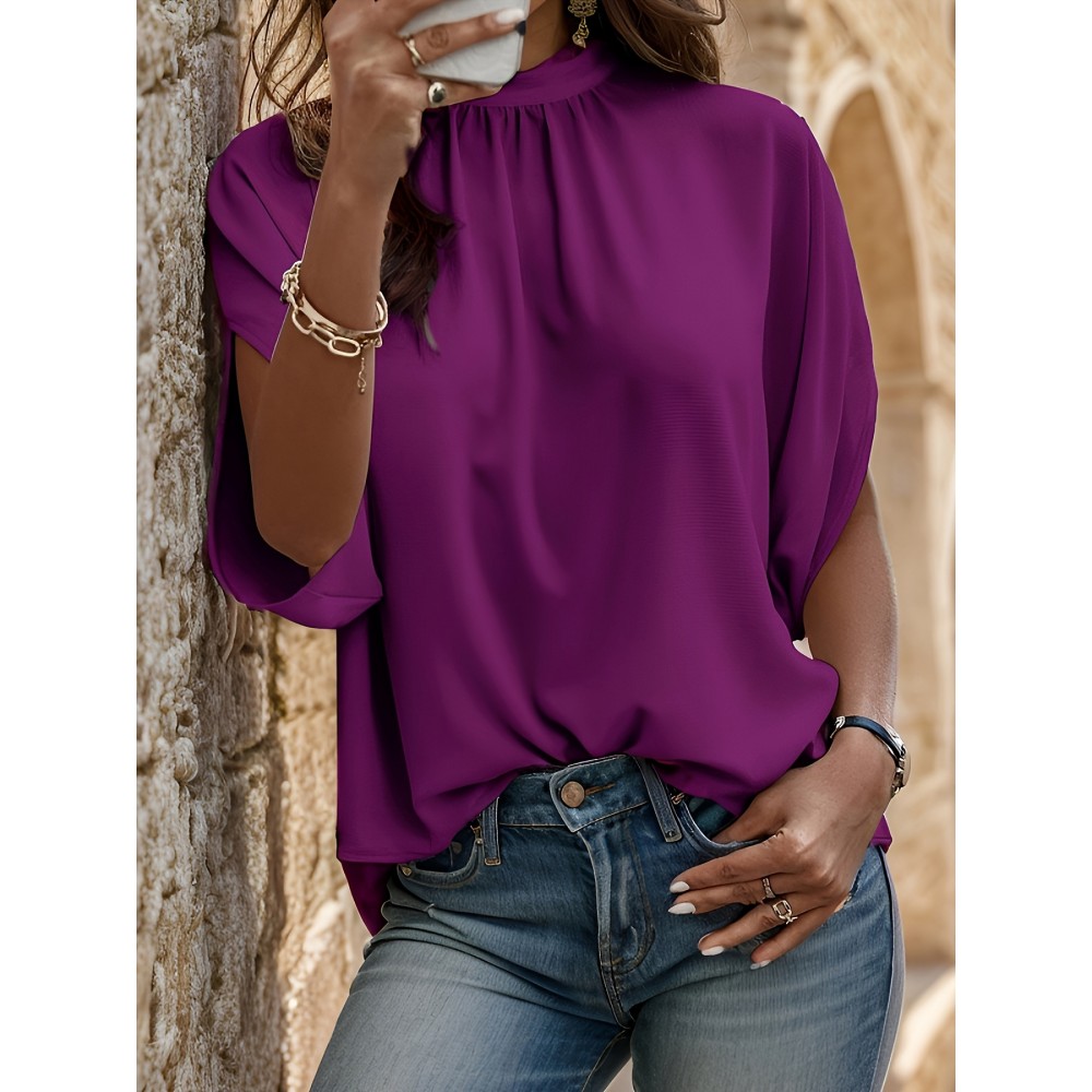 Womens Elegant Pintuck Batwing Sleeve Blouse - High Neck, Micro Elasticity, Solid Color, Machine Washable, Casual Top for Spring & Fall - Tooluck Brand Womens Elegant Pintuck Batwing Sleeve Blouse - High Neck, Micro Elasticity, Solid Color, Machine Washable, Casual Top for Spring & Fall - Tooluck Brand