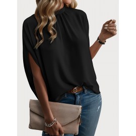 Womens Elegant Pintuck Batwing Sleeve Blouse - High Neck, Micro Elasticity, Solid Color, Machine Washable, Casual Top for Spring & Fall - Tooluck Brand Womens Elegant Pintuck Batwing Sleeve Blouse - High Neck, Micro Elasticity, Solid Color, Machine Washable, Casual Top for Spring & Fall - Tooluck Brand