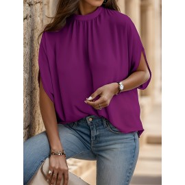 Womens Elegant Pintuck Batwing Sleeve Blouse - High Neck, Micro Elasticity, Solid Color, Machine Washable, Casual Top for Spring & Fall - Tooluck Brand Womens Elegant Pintuck Batwing Sleeve Blouse - High Neck, Micro Elasticity, Solid Color, Machine Washable, Casual Top for Spring & Fall - Tooluck Brand