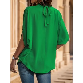 Womens Elegant Pintuck Batwing Sleeve Blouse - High Neck, Micro Elasticity, Solid Color, Machine Washable, Casual Top for Spring & Fall - Tooluck Brand Womens Elegant Pintuck Batwing Sleeve Blouse - High Neck, Micro Elasticity, Solid Color, Machine Washable, Casual Top for Spring & Fall - Tooluck Brand
