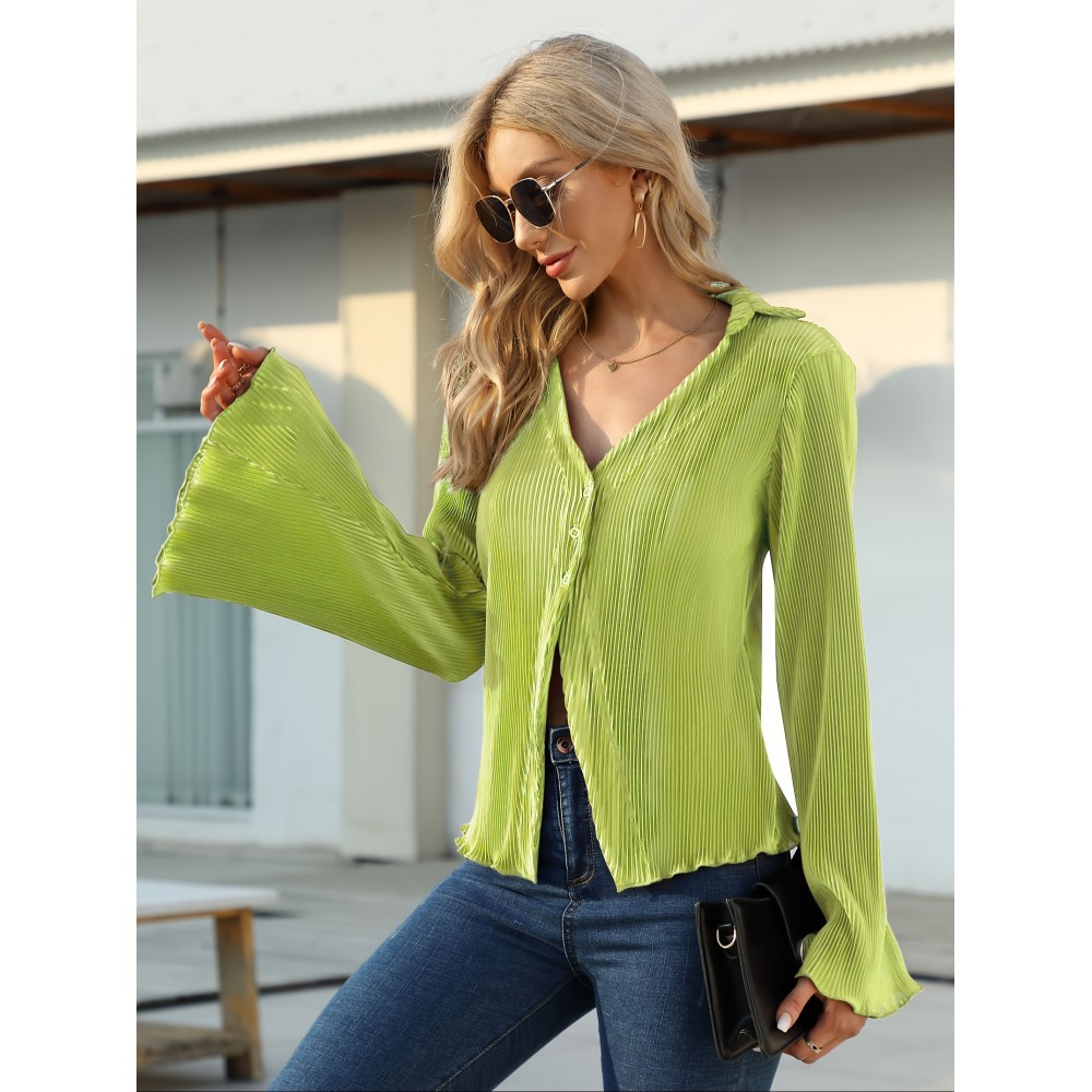 Solid Pleated V Neck Blouse, Casual Button Front Bell Sleeve Blouse For Spring & Fall, Women's Clothing Solid Pleated V Neck Blouse, Casual Button Front Bell Sleeve Blouse For Spring & Fall, Women's Clothing