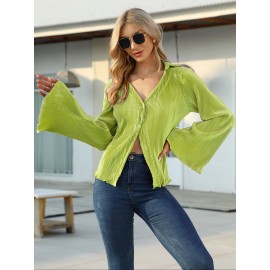 Solid Pleated V Neck Blouse, Casual Button Front Bell Sleeve Blouse For Spring & Fall, Women's Clothing Solid Pleated V Neck Blouse, Casual Button Front Bell Sleeve Blouse For Spring & Fall, Women's Clothing
